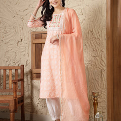 Stylum Women's Paisley Printed & Embroidered Cotton Blend Straight Kurta Afghani Pant & Dupatta Set (KPDNAABUPEACH)