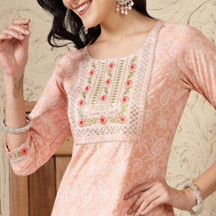 Stylum Women's Paisley Printed & Embroidered Cotton Blend Straight Kurta Afghani Pant & Dupatta Set (KPDNAABUPEACH)