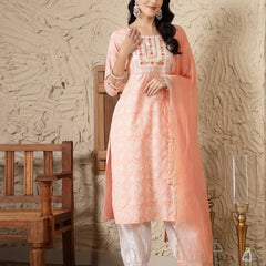 Stylum Women's Paisley Printed & Embroidered Cotton Blend Straight Kurta Afghani Pant & Dupatta Set (KPDNAABUPEACH)