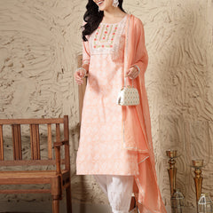 Stylum Women's Paisley Printed & Embroidered Cotton Blend Straight Kurta Afghani Pant & Dupatta Set (KPDNAABUPEACH)