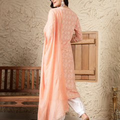 Stylum Women's Paisley Printed & Embroidered Cotton Blend Straight Kurta Afghani Pant & Dupatta Set (KPDNAABUPEACH)