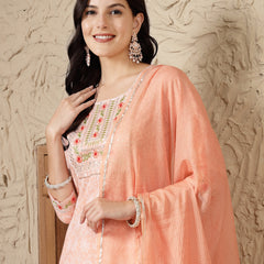 Stylum Women's Paisley Printed & Embroidered Cotton Blend Straight Kurta Afghani Pant & Dupatta Set (KPDNAABUPEACH)