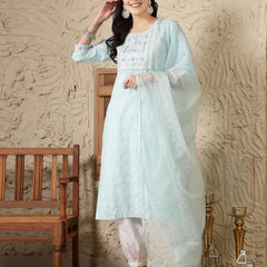 Stylum Women's Paisley Printed & Embroidered Cotton Blend Straight Kurta Afghani Pant & Dupatta Set (KPDNAABUSKY)