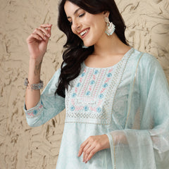 Stylum Women's Paisley Printed & Embroidered Cotton Blend Straight Kurta Afghani Pant & Dupatta Set (KPDNAABUSKY)