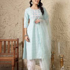 Stylum Women's Paisley Printed & Embroidered Cotton Blend Straight Kurta Afghani Pant & Dupatta Set (KPDNAABUSKY)