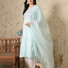 Stylum Women's Paisley Printed & Embroidered Cotton Blend Straight Kurta Afghani Pant & Dupatta Set (KPDNAABUSKY)