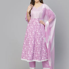 Stylum Women's Floral Printed Cotton Anarkali Kurta with Pant & Dupatta (KPDNARGIS)