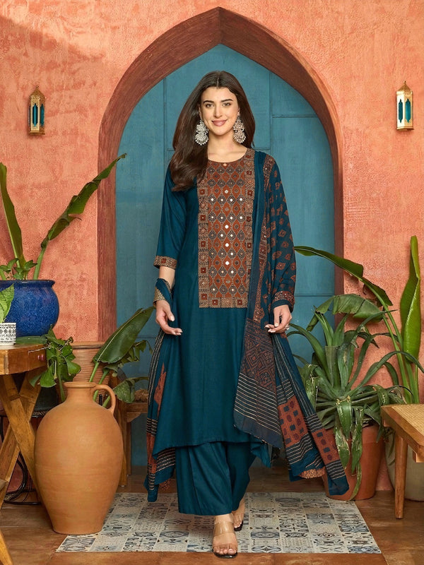 Stylum Women's Navy Solid Rayon A-Line Kurta Palazzo Dupatta Set (KPDNAVYKORAM)
