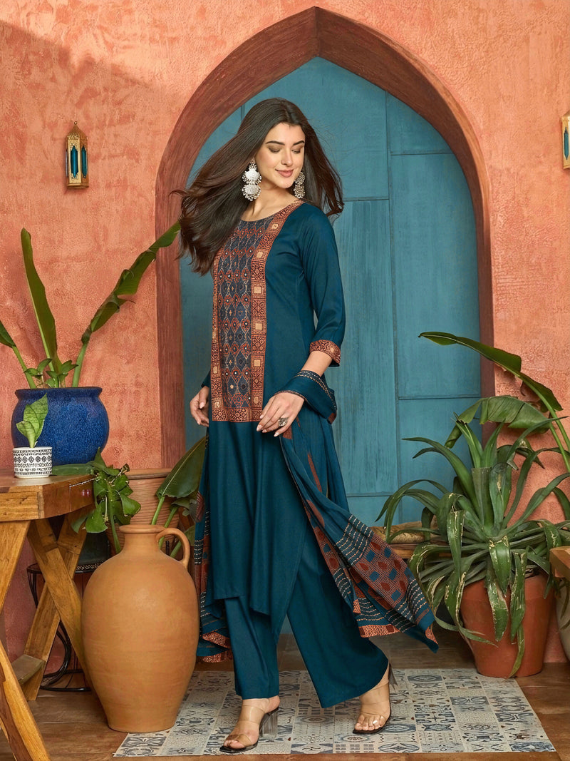 Stylum Women's Navy Solid Rayon A-Line Kurta Palazzo Dupatta Set (KPDNAVYKORAM)
