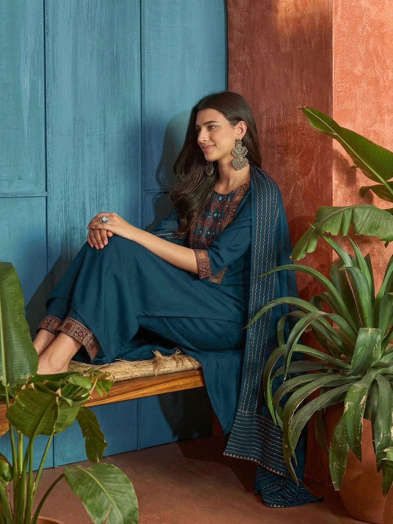 Stylum Women's Navy Solid Rayon A-Line Kurta Palazzo Dupatta Set (KPDNAVYKORAM)