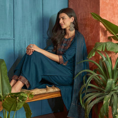 Stylum Women's Navy Solid Rayon A-Line Kurta Palazzo Dupatta Set (KPDNAVYKORAM)