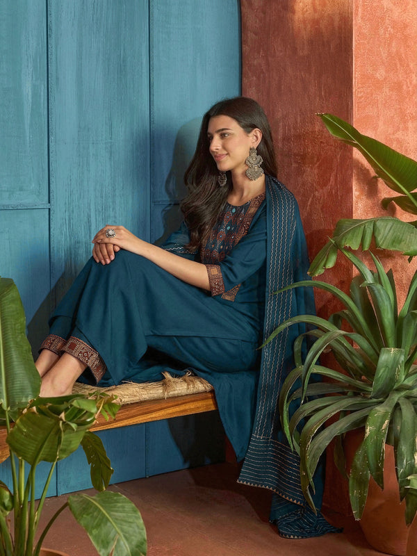 Stylum Women's Navy Solid Rayon A-Line Kurta Palazzo Dupatta Set (KPDNAVYKORAM)