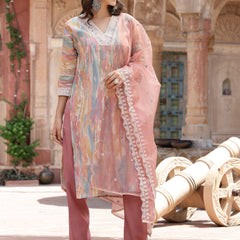 Stylum Women's Tie & Dye Printed MusIin Straight Kurta Pant Dupatta Set (KPDOFFWHITEHEER)