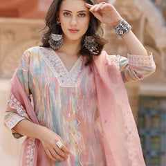 Stylum Women's Tie & Dye Printed MusIin Straight Kurta Pant Dupatta Set (KPDOFFWHITEHEER)