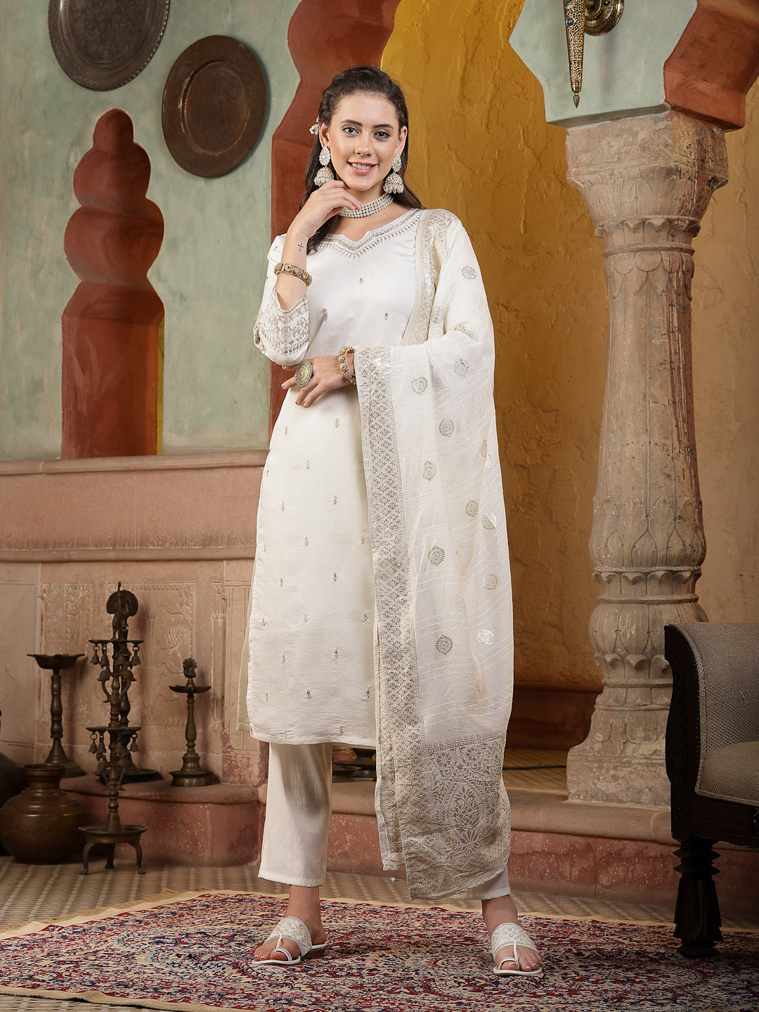 Stylum Women's Off White Brocade Work Silk Blend Straight Kurta Pant Dupatta Set (KPDOFFWHITEPERU)