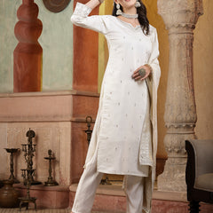 Stylum Women's Off White Brocade Work Silk Blend Straight Kurta Pant Dupatta Set (KPDOFFWHITEPERU)