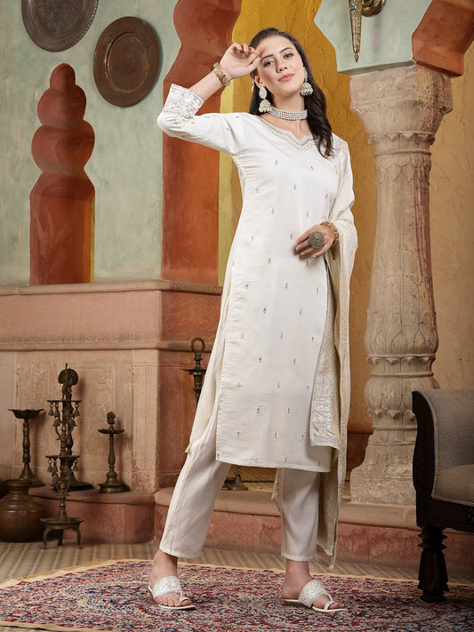 Stylum Women's Off White Brocade Work Silk Blend Straight Kurta Pant Dupatta Set (KPDOFFWHITEPERU)