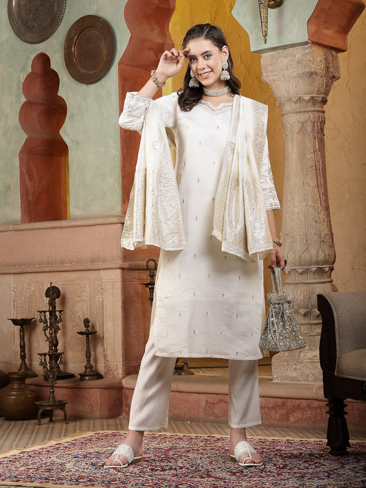 Stylum Women's Off White Brocade Work Silk Blend Straight Kurta Pant Dupatta Set (KPDOFFWHITEPERU)