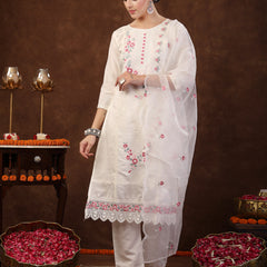 Stylum Women's Off White Embroidered Silk Straight Kurta Pant Dupatta Set (KPDOFFWHITESIMRAN)