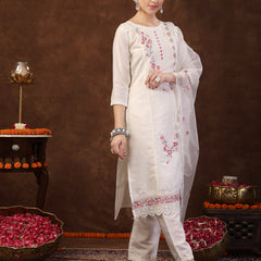 Stylum Women's Off White Embroidered Silk Straight Kurta Pant Dupatta Set (KPDOFFWHITESIMRAN)