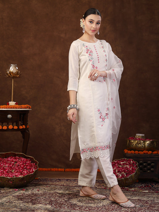 Stylum Women's Off White Embroidered Silk Straight Kurta Pant Dupatta Set (KPDOFFWHITESIMRAN)