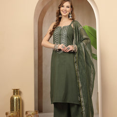 Stylum Women's Olive Woven Design & Embroidered Cotton Blend Straight Kurta Palazzo Dupatta Set (KPDOLIVEBOHRA)