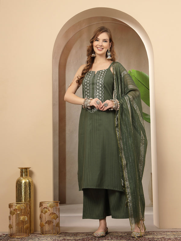 Stylum Women's Olive Woven Design & Embroidered Cotton Blend Straight Kurta Palazzo Dupatta Set (KPDOLIVEBOHRA)
