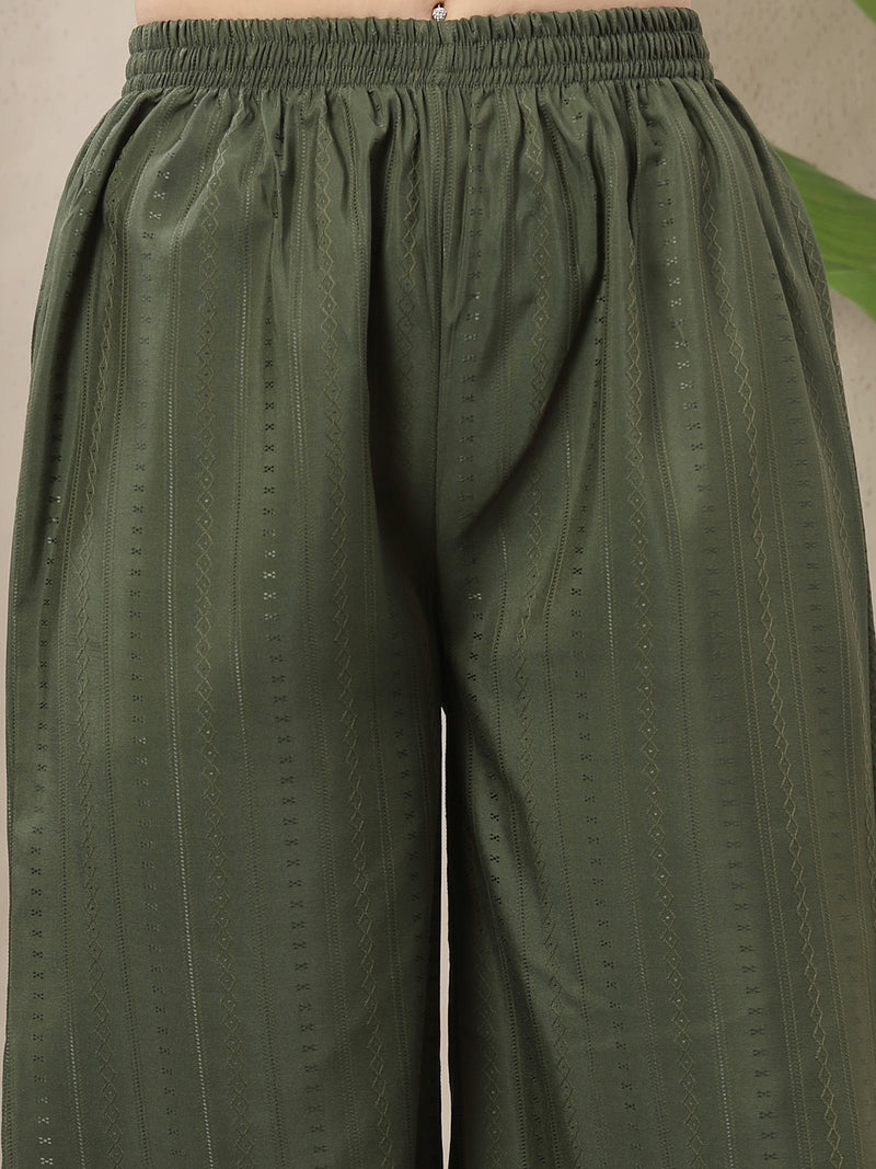 Stylum Women's Olive Woven Design & Embroidered Cotton Blend Straight Kurta Palazzo Dupatta Set (KPDOLIVEBOHRA)