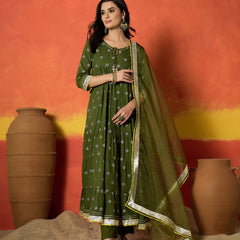Stylum Women's Olive Ethnic Motif Printed Rayon Anarkali Kurta Pant Dupatta Set (KPDOLIVENICOBAR)