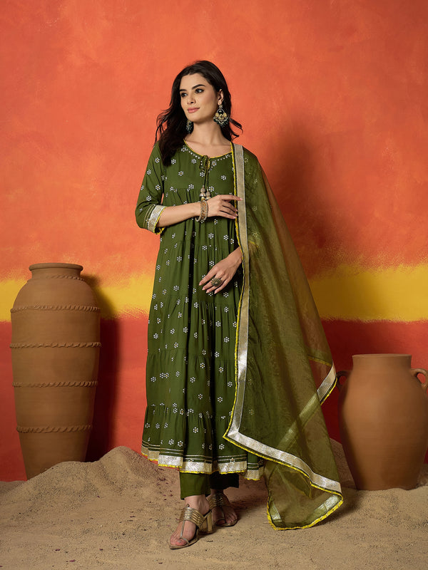 Stylum Women's Olive Ethnic Motif Printed Rayon Anarkali Kurta Pant Dupatta Set (KPDOLIVENICOBAR)
