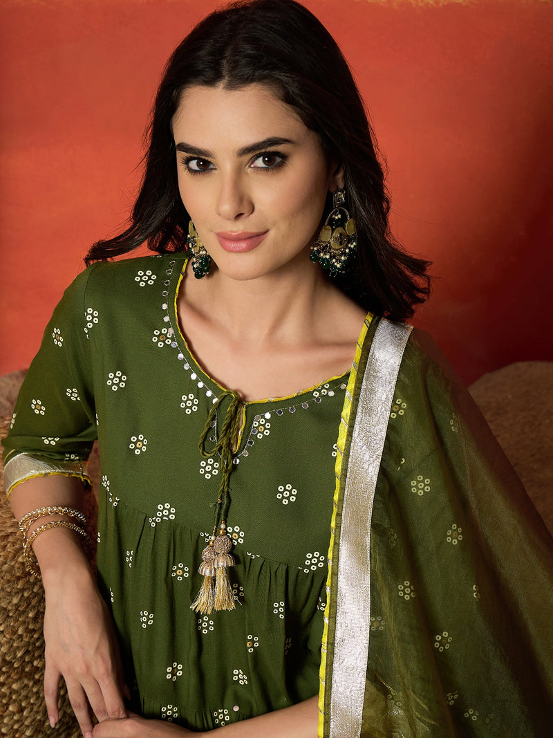 Stylum Women's Olive Ethnic Motif Printed Rayon Anarkali Kurta Pant Dupatta Set (KPDOLIVENICOBAR)