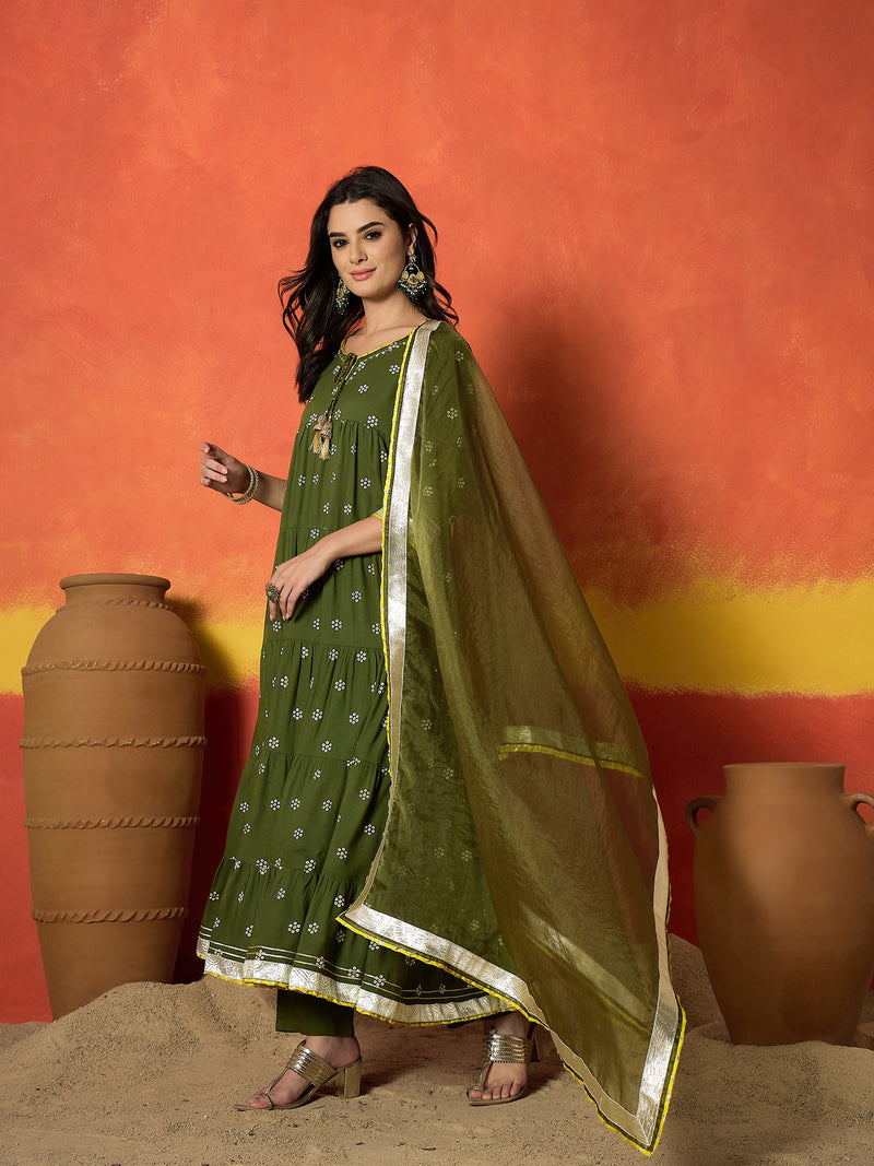 Stylum Women's Olive Ethnic Motif Printed Rayon Anarkali Kurta Pant Dupatta Set (KPDOLIVENICOBAR)