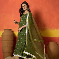 Stylum Women's Olive Ethnic Motif Printed Rayon Anarkali Kurta Pant Dupatta Set (KPDOLIVENICOBAR)