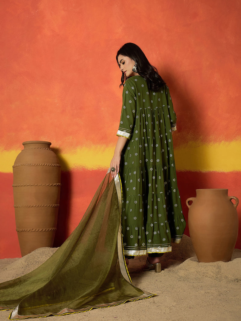 Stylum Women's Olive Ethnic Motif Printed Rayon Anarkali Kurta Pant Dupatta Set (KPDOLIVENICOBAR)