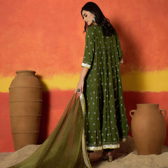 Stylum Women's Olive Ethnic Motif Printed Rayon Anarkali Kurta Pant Dupatta Set (KPDOLIVENICOBAR)