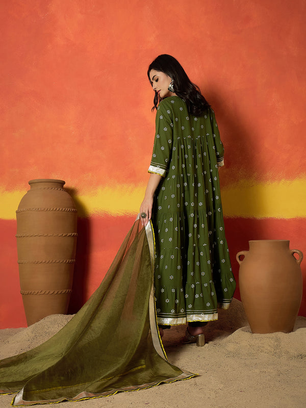 Stylum Women's Olive Ethnic Motif Printed Rayon Anarkali Kurta Pant Dupatta Set (KPDOLIVENICOBAR)
