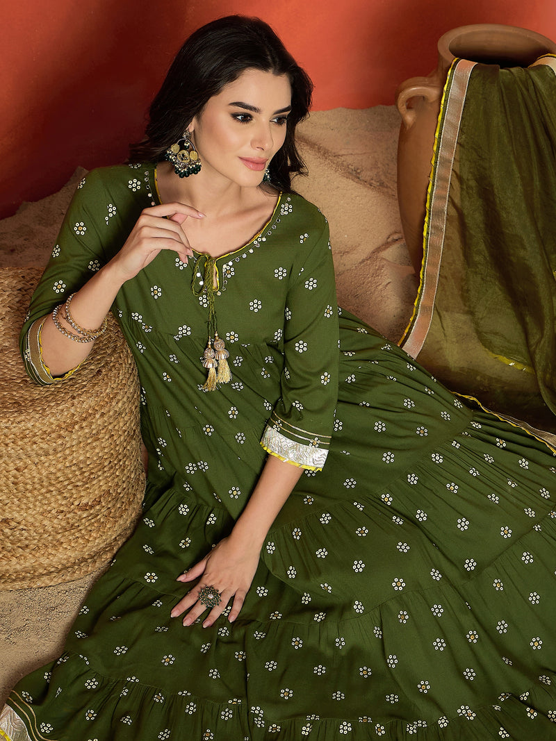 Stylum Women's Olive Ethnic Motif Printed Rayon Anarkali Kurta Pant Dupatta Set (KPDOLIVENICOBAR)