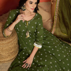 Stylum Women's Olive Ethnic Motif Printed Rayon Anarkali Kurta Pant Dupatta Set (KPDOLIVENICOBAR)