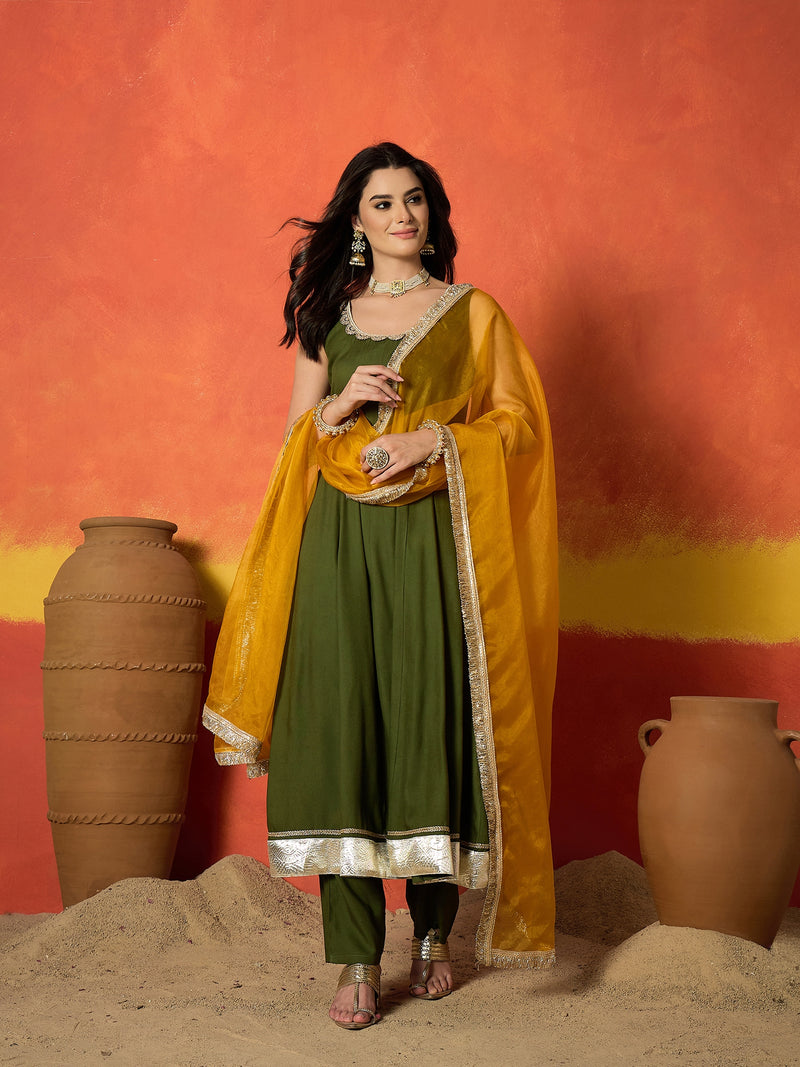 Stylum Women's Olive Solid Rayon Anarkali Kurta Pant Dupatta Set (KPDOLIVEPRIMO)