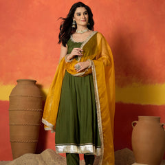 Stylum Women's Olive Solid Rayon Anarkali Kurta Pant Dupatta Set (KPDOLIVEPRIMO)