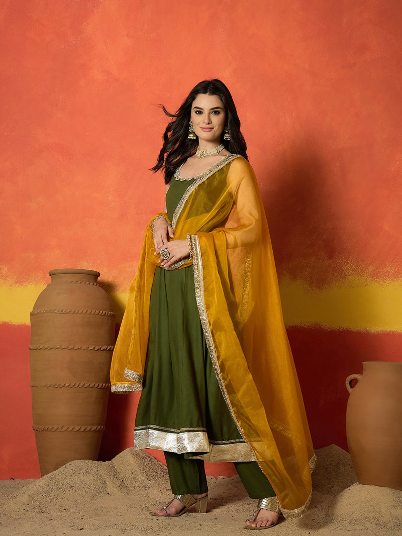 Stylum Women's Olive Solid Rayon Anarkali Kurta Pant Dupatta Set (KPDOLIVEPRIMO)