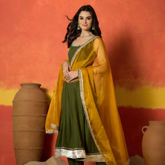 Stylum Women's Olive Solid Rayon Anarkali Kurta Pant Dupatta Set (KPDOLIVEPRIMO)