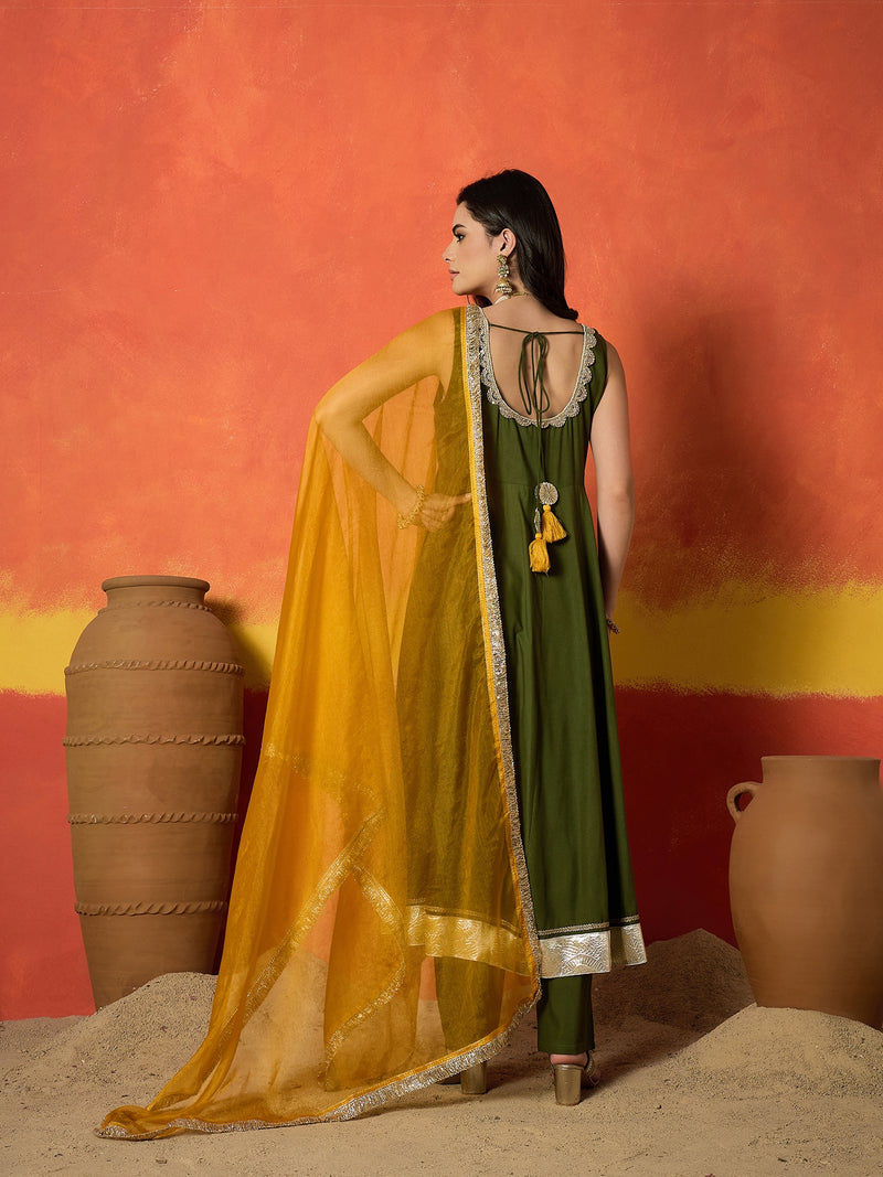 Stylum Women's Olive Solid Rayon Anarkali Kurta Pant Dupatta Set (KPDOLIVEPRIMO)