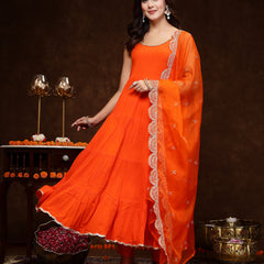 Stylum Women's Orange Solid Rayon Tiered Kurta Pant Dupatta Set (KPDORANGEBAR)