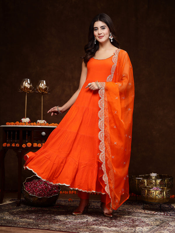 Stylum Women's Orange Solid Rayon Tiered Kurta Pant Dupatta Set (KPDORANGEBAR)