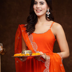 Stylum Women's Orange Solid Rayon Tiered Kurta Pant Dupatta Set (KPDORANGEBAR)