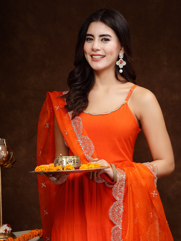 Stylum Women's Orange Solid Rayon Tiered Kurta Pant Dupatta Set (KPDORANGEBAR)