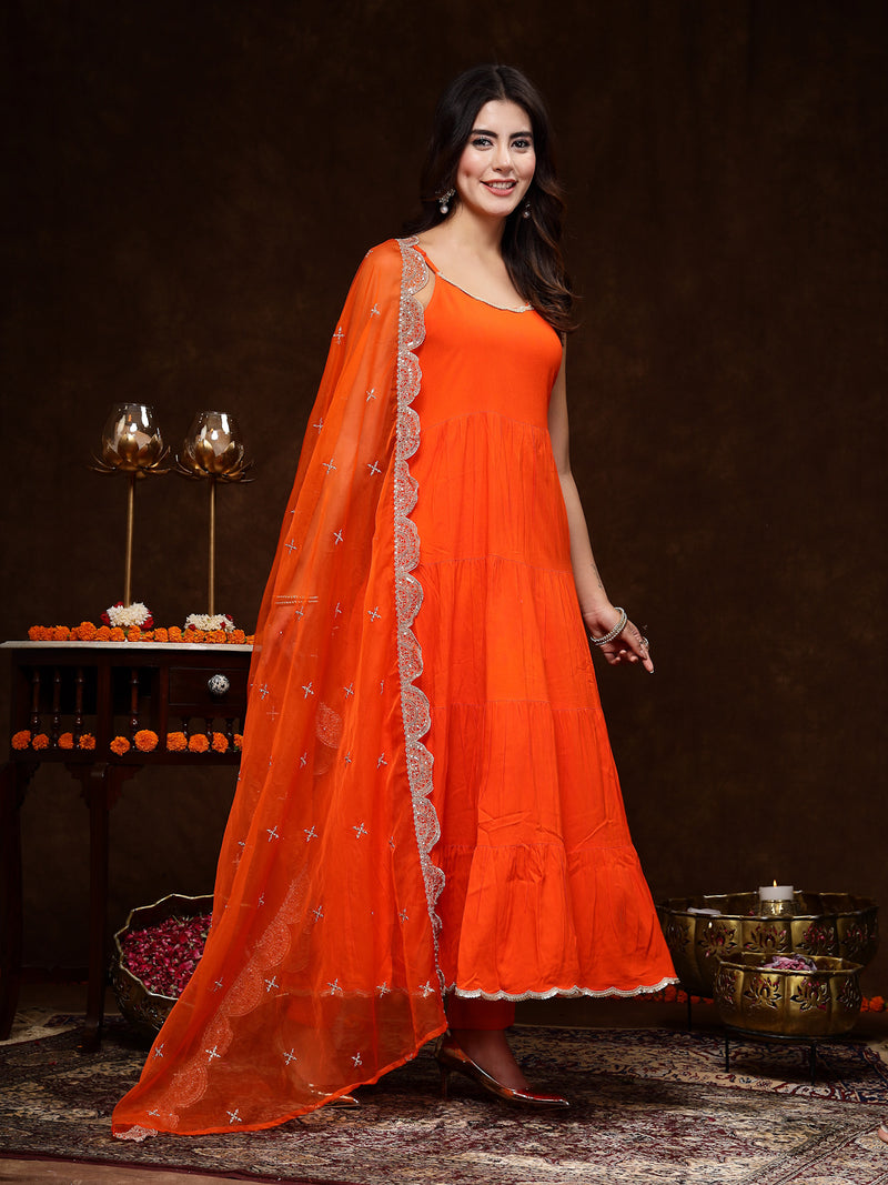 Stylum Women's Orange Solid Rayon Tiered Kurta Pant Dupatta Set (KPDORANGEBAR)