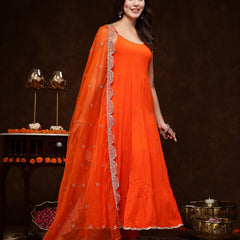 Stylum Women's Orange Solid Rayon Tiered Kurta Pant Dupatta Set (KPDORANGEBAR)