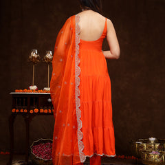 Stylum Women's Orange Solid Rayon Tiered Kurta Pant Dupatta Set (KPDORANGEBAR)